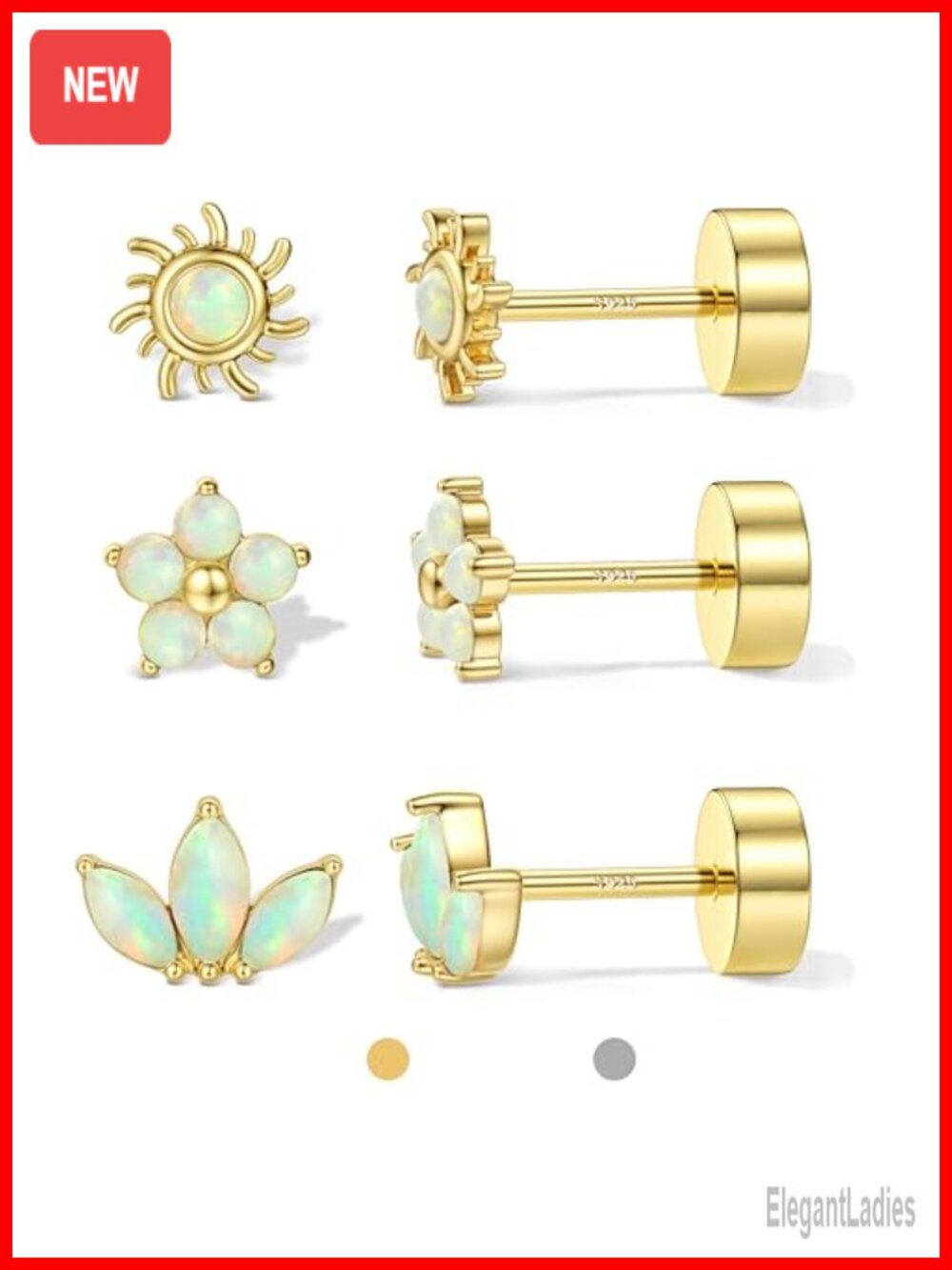 925 Sterling Silver Flat Back Stud Earrings 14K Gold Plated 3 Pairs